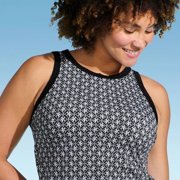 Lands' End Black & White Geo Floral Print Tankini Swim Top -- Size Small 6-8 - Picture 3 of 6